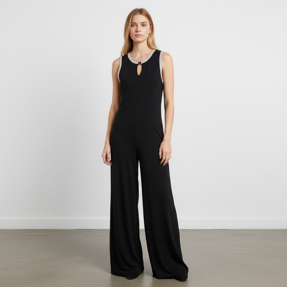 Lauren Ralph Lauren Jumpsuit Large Black Goth Wide Leg Sleeveless Knit Retro‎